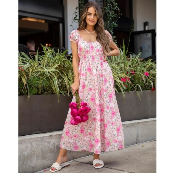 LoveShackFancy Vernon Dress Magenta Flower Fields Pink Midi Small Puff Sleeves - Picture 1 of 12